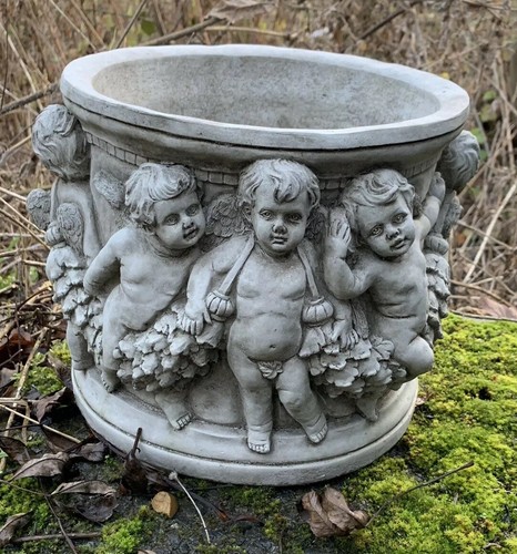 Stone garden cherub plant pot - stone,